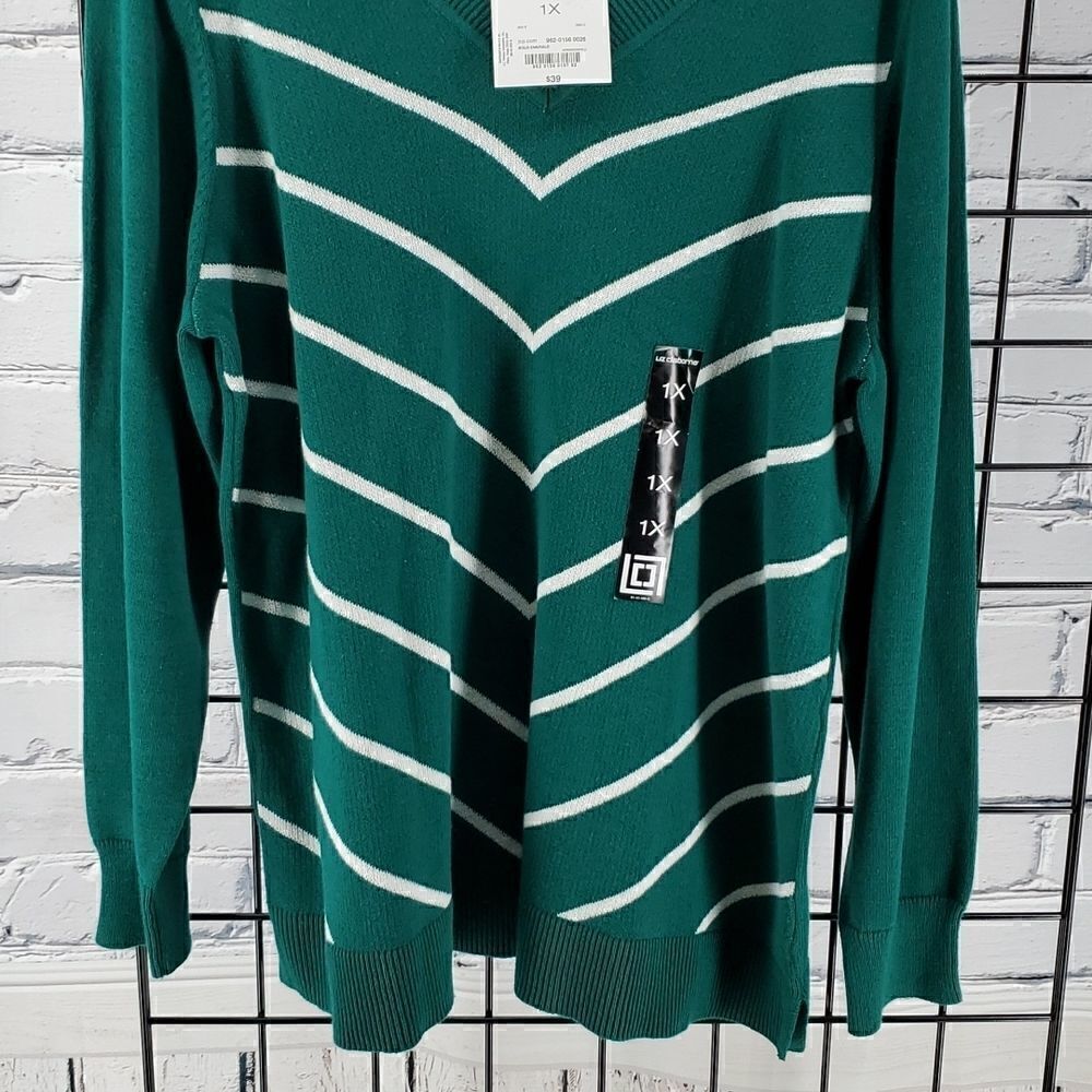 Sweater V Neck Green and White Liz Claiborne NWT - Picture 4 of 5